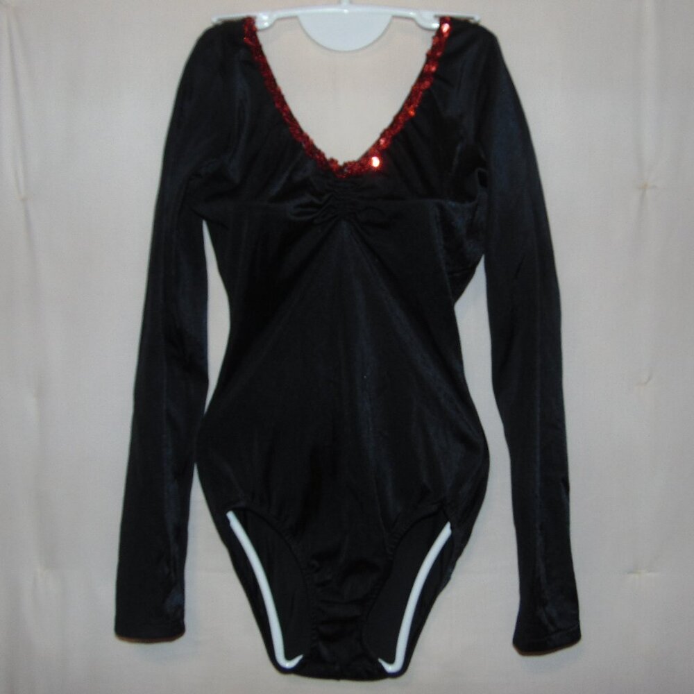 Black Pinch Front Red Sequin Neck Long Sleeve Leotard M